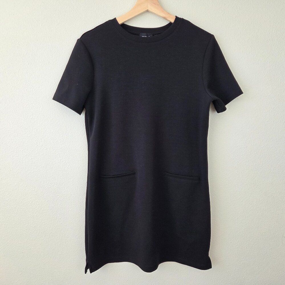 RD Style Mod Shift Mini Dress Size XS Black Short Sleeve Stretch Front Pockets